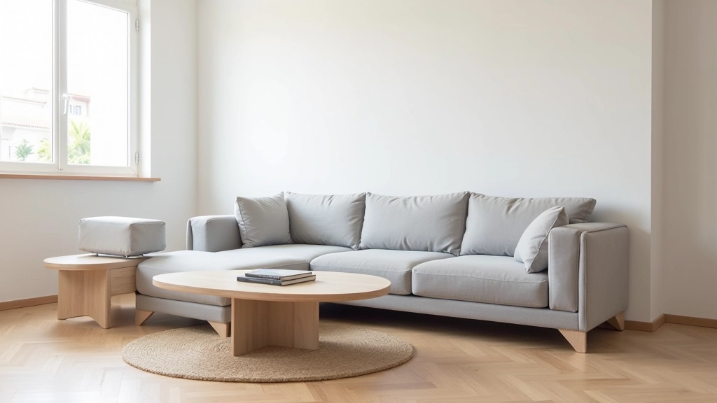 Sala de estar pequena com sofá cinzento multifuncional e mesa de centro com armazenamento integrado