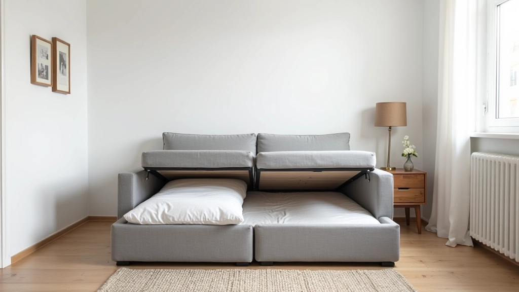 Sofá-cama cinzento com mecanismo de abertura, assentos com armazenamento integrado, quarto pequeno com cama dobrável