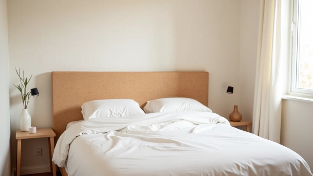 Cama com moldura de cortiça e roupa de cama em tons neutros minimalistas