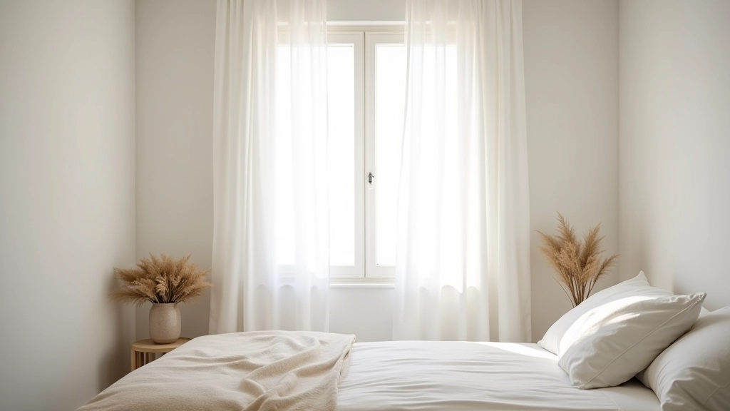 Janela de quarto minimalista com luz natural abundante e cortinas leves brancas