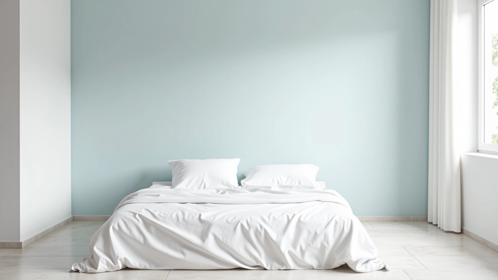 Quarto minimalista com parede azul suave, roupa de cama branca, luz natural suave, cerâmica no piso