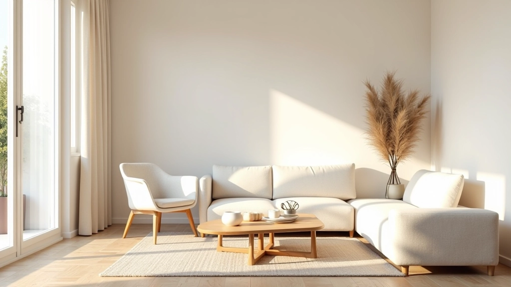 Sala de estar minimalista com luz natural e móveis funcionais