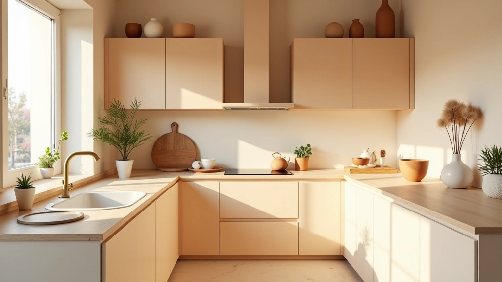 Cozinha minimalista com tons de bege, cerâmica natural, luz direta do sul, espaço organizado português