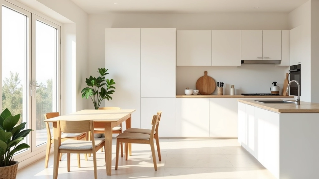 Cozinha e sala integradas com paleta clara