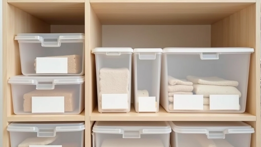 Itens organizados por categoria em caixas transparentes com etiquetas, sistema de armazenamento vertical